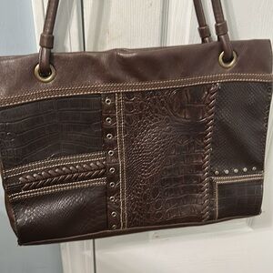 Brown Leather Shoulder Bag with Crocodile Texture